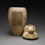 Two Egyptian Limestone Canopic Jars and Two Egyptian Canopic Jar Lids of Hapy