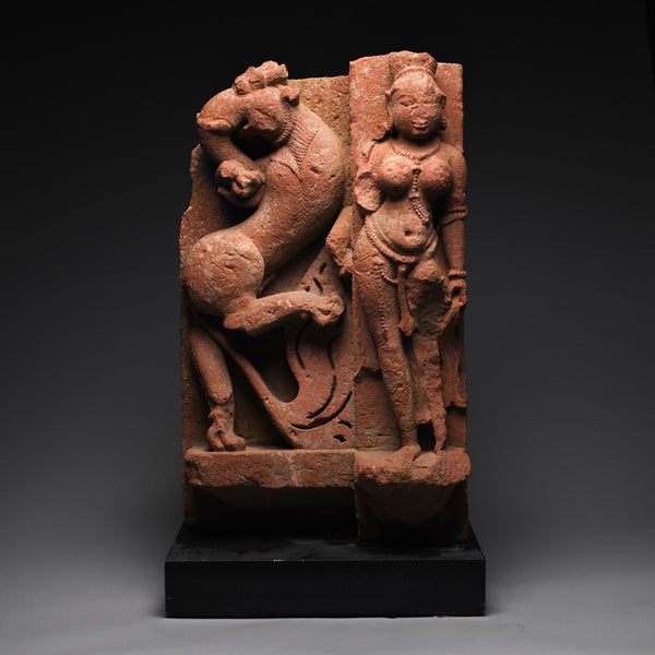 Indian Red Sandstone Relief of Gajasimha and a Female Deity