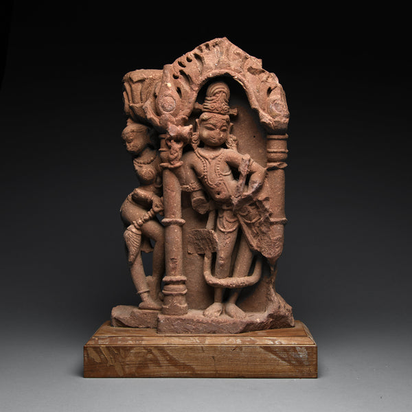 Indian Red Sandstone Relief with Standing Figures of Shiva and Parvati
