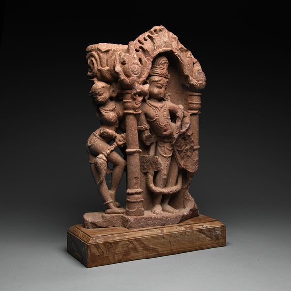 Indian Red Sandstone Relief with Standing Figures of Shiva and Parvati