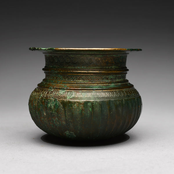 Achaemenid Bronze Vessel  Origin: Mediterranean Circa: 7th century BC Dimensions: 3.25" h x 4" diameter (8.25 x 10.1cms) Medium: Bronze