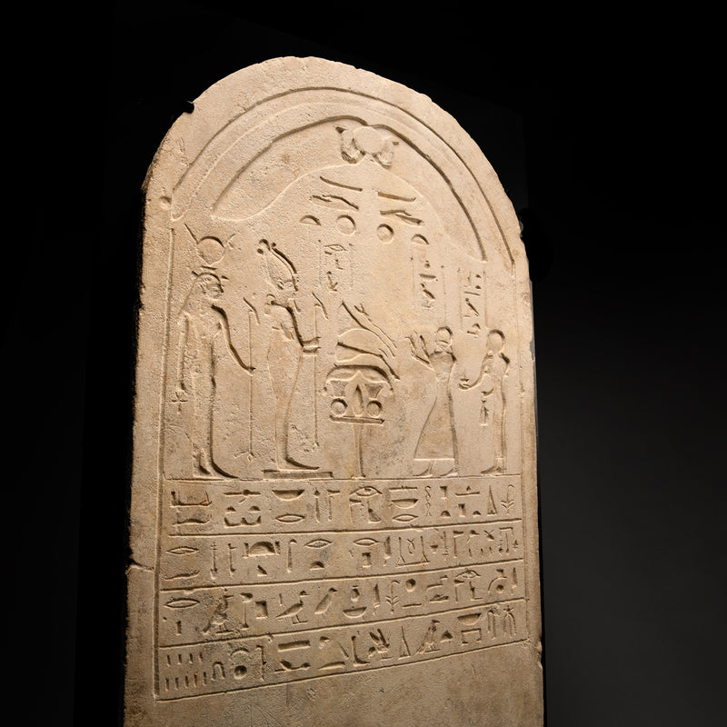 Egyptian Limestone Round-Topped Stele for INKU and ISIS-EN-EM-HET