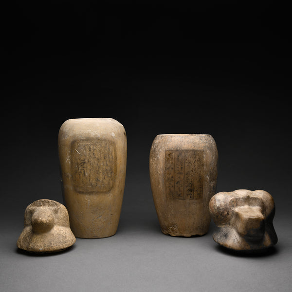 Two Egyptian Limestone Canopic Jars and Two Egyptian Canopic Jar Lids of Hapy