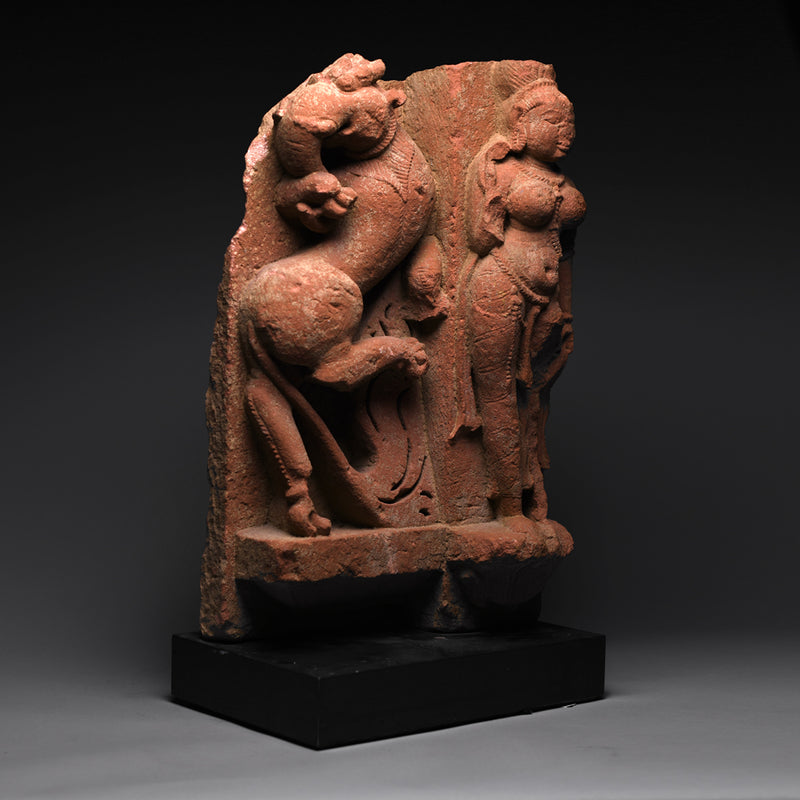 Indian Red Sandstone Relief of Gajasimha and a Female Deity