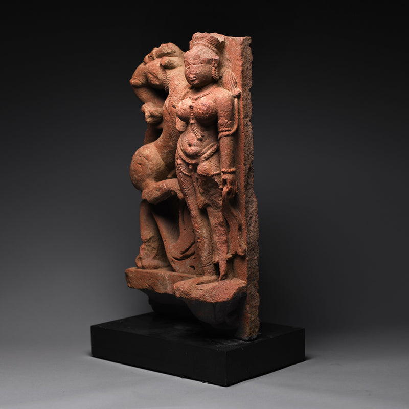 Indian Red Sandstone Relief of Gajasimha and a Female Deity